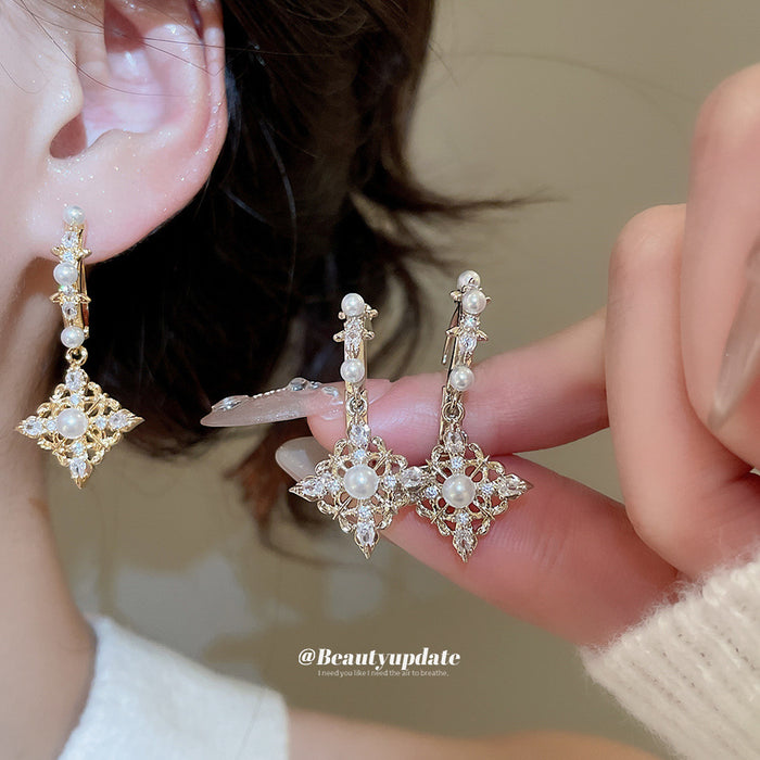 Diamond Crystal and Faux Pearl Huggie Earrings in Two Tones