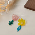 Pink Yellow Teal And Green Acrylic Flower Asymmetric Earrings view 4