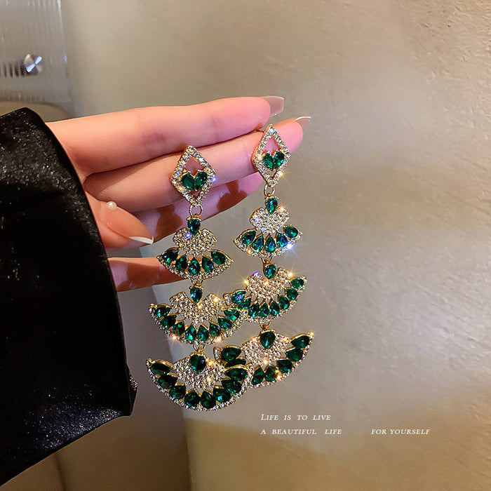 Green Four Tier Fan Crystal Dangle Statement Earrings