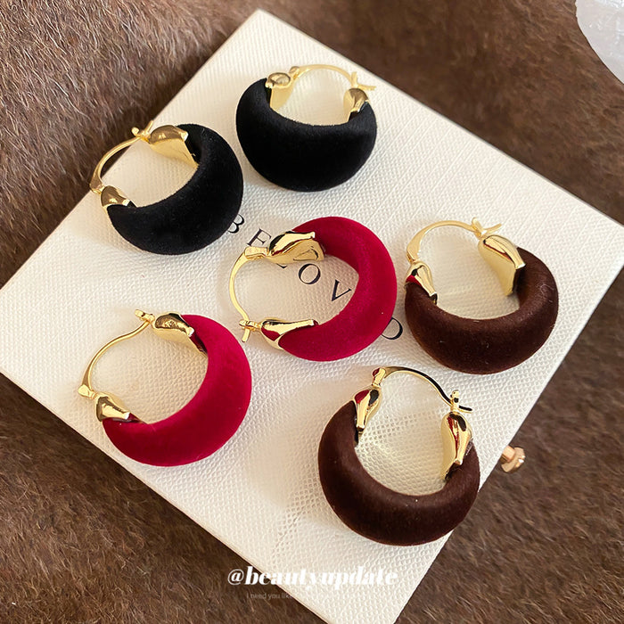 Gold Tone Hoop Earrings With Red and Black Velvet With Polished Metal Details
