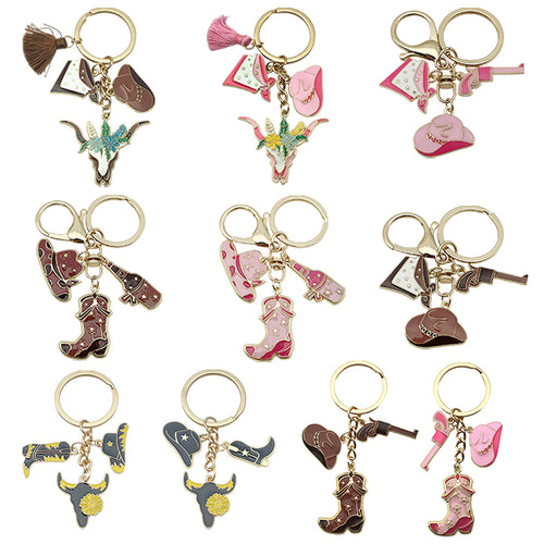 Alternate arrangement of the western cowboy hat boot horse and cactus keychain showing its hardware and charm details