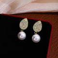Gold Leaf Crystal Look Pearl Look Dangle Stud Earrings view 4