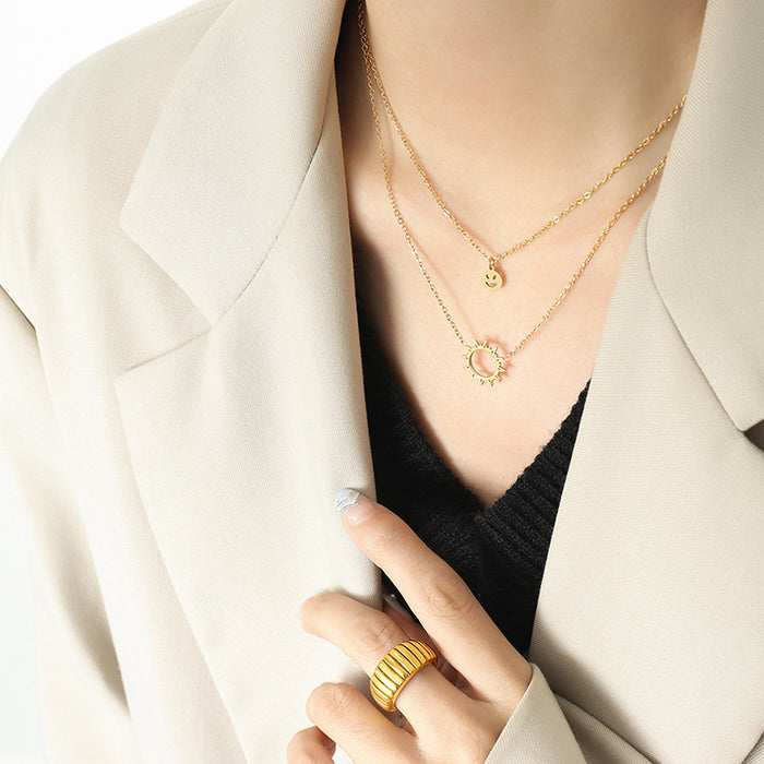 Gold Steel Rose Double Layer Smiley Sun Pendant Necklace