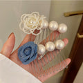 Pearl Fabric Rose Multi Prong Hair Comb Pins Blue White view 1