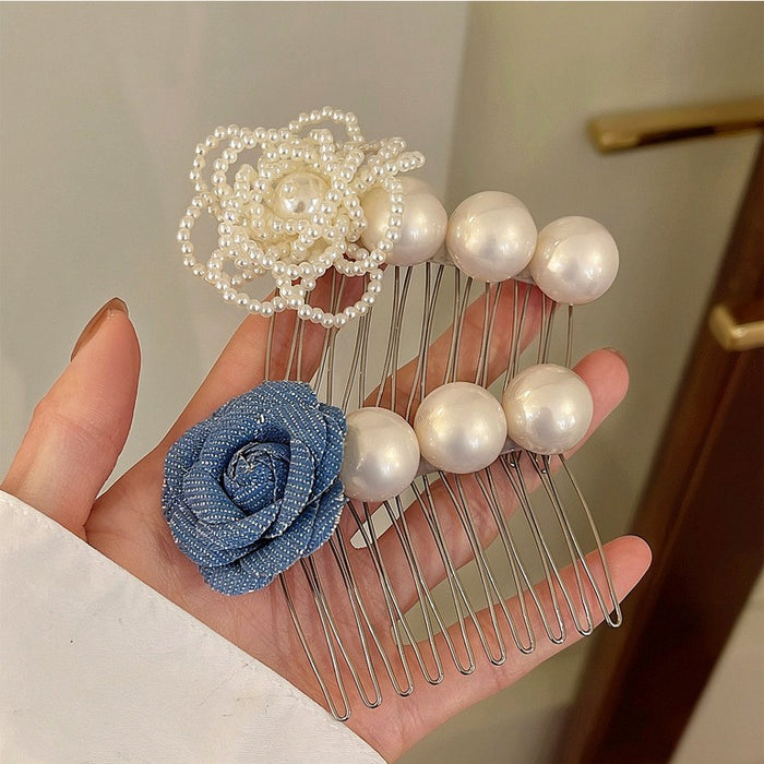 Pearl Fabric Rose Multi Prong Hair Comb Pins Blue White