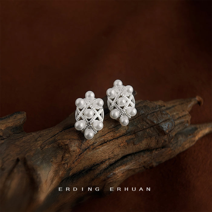 Silver Lattice Mesh Multi Pearl Stud Earrings Matching Pair Style
