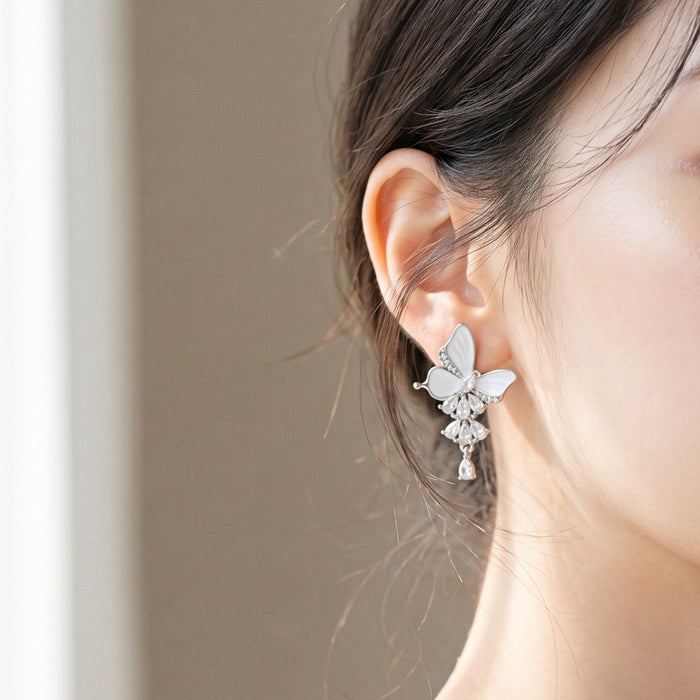 Silver Butterfly Clear Stone Cascade Stud Earrings