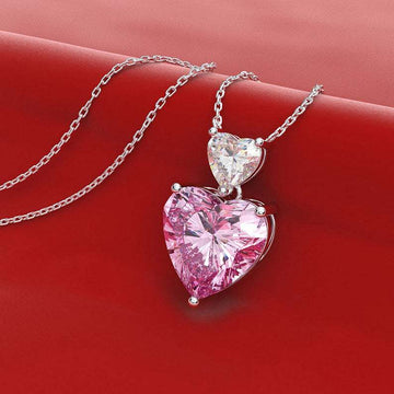 Silver Dual Heart Pendant Necklace Pink Yellow Clear Alloy
