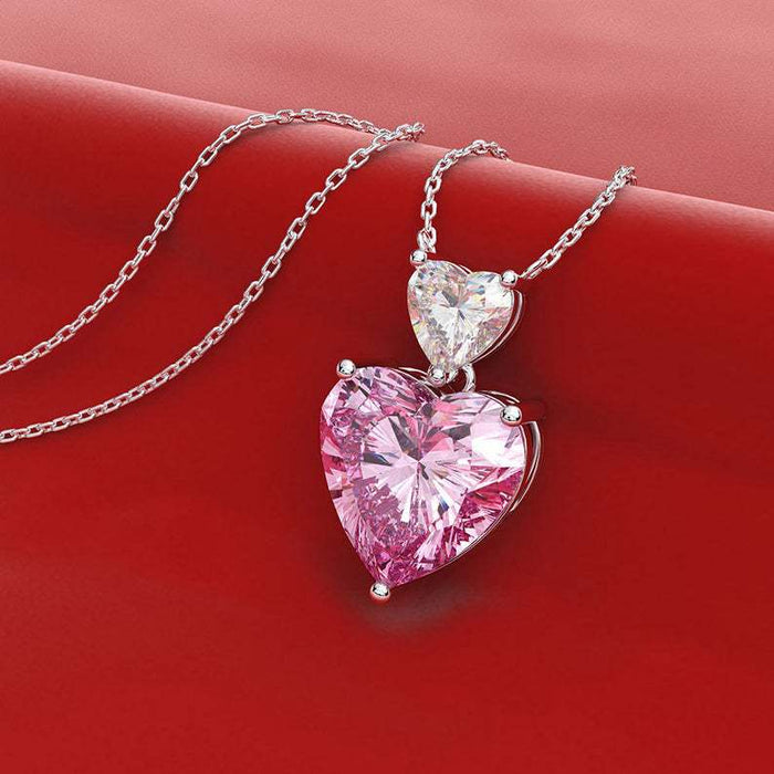 Silver Dual Heart Pendant Necklace Pink Yellow Clear Alloy