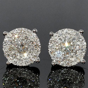 Silver Tone Round Cluster Halo Stud Earrings Clear Zircon