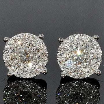 Silver Tone Round Cluster Halo Stud Earrings Clear Zircon