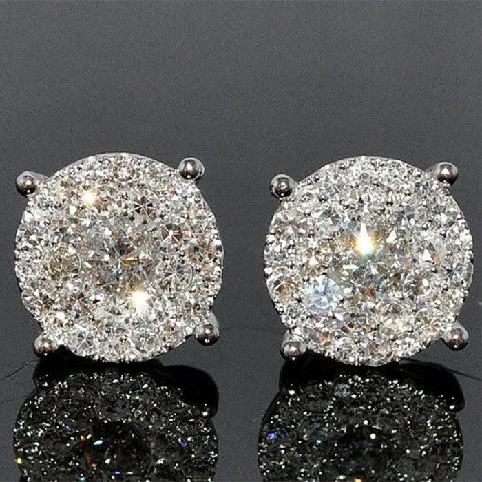 Silver Tone Round Cluster Halo Stud Earrings Clear Zircon