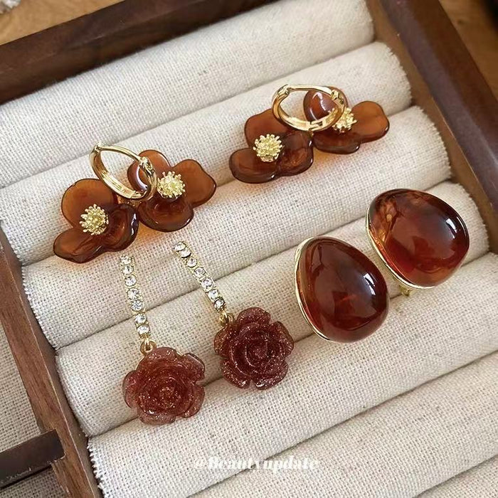 Brown Floral Drop Earrings With Crystal Stud Details