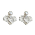 Silver White Pearl Petal Flower Stud Earrings Pair view 5