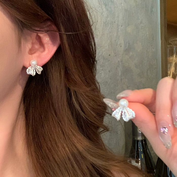 Lace Bow and Pearl Drop Earrings in Gold and Silver Tones