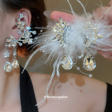 Silver Floral Branch Earrings with Clear Crystal Teardrops
