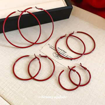 Deep Red Slim Statement Hoop Earrings in Two Sizes