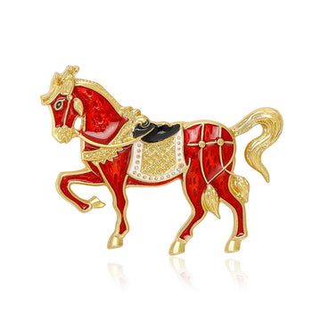 Enamel Horse Brooch Red Green Gold Tone Saddle Metal Pin