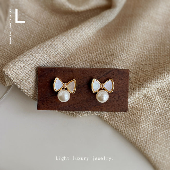 Gold Shell Mother of Pearl Bow Pearl Drop Stud Earrings