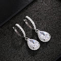 Silver Tone Teardrop Halo CZ Drop Huggie Hoop Earrings view 3