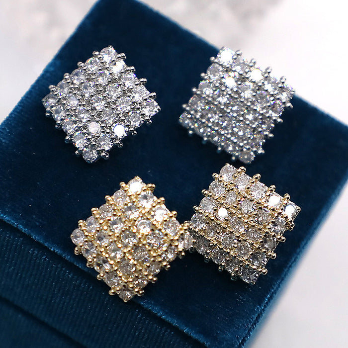 Square Round-Stone Cluster Stud Earrings In Gold And Silver Tones