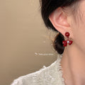 Wine Red Enamel Ball Stud Bow Pearl Drop Earrings Pair view 2
