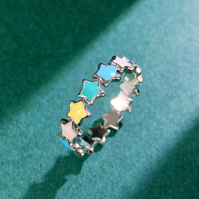 Silver Tone Multicolor Enamel Star Band Finger Ring