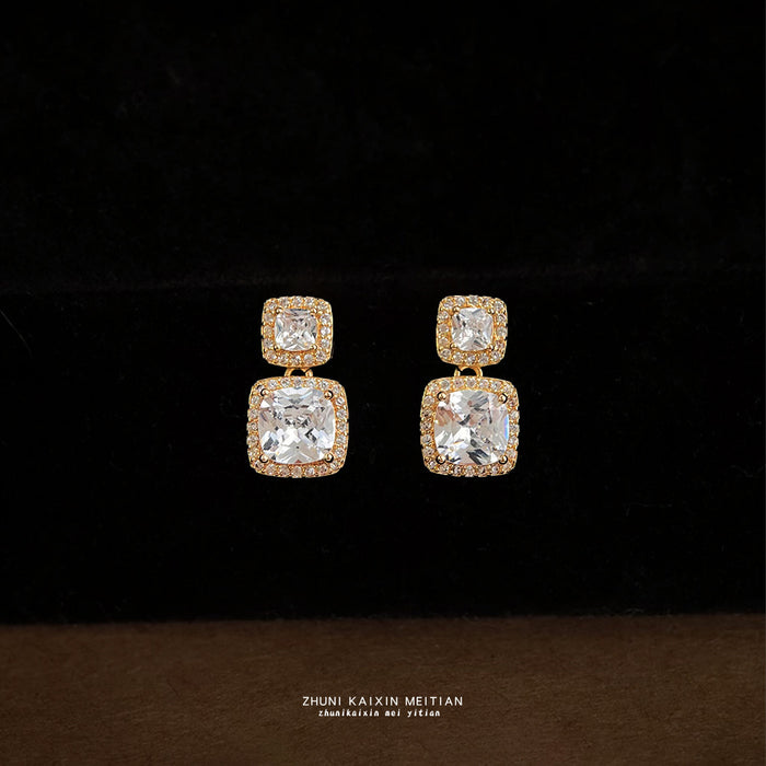 Gold Tone Double Square Clear Stone Drop Stud Earrings For Women