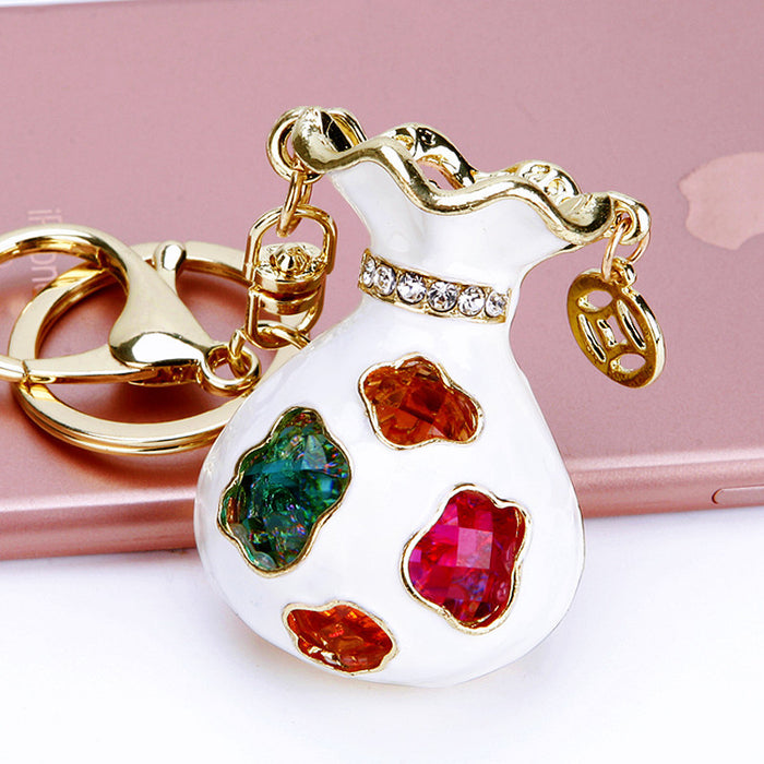 Copper Coin Gem Fortune Bag Keychains in White Purple Pink and Blue