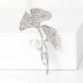 Crystal Ginkgo Leaf Brooch with Single Pearl Accent view 4