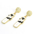 Gold Tone Clear Rectangle Black Rose Drop Stud Earrings view 2