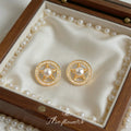Gold Star Circle Pave Crystal Pearl Stud Earrings Pair view 1