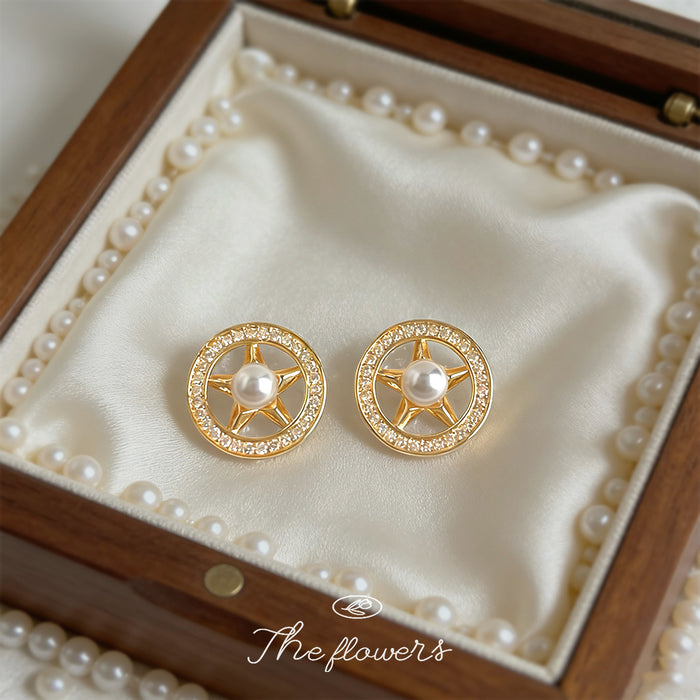 Gold Star Circle Pave Crystal Pearl Stud Earrings Pair