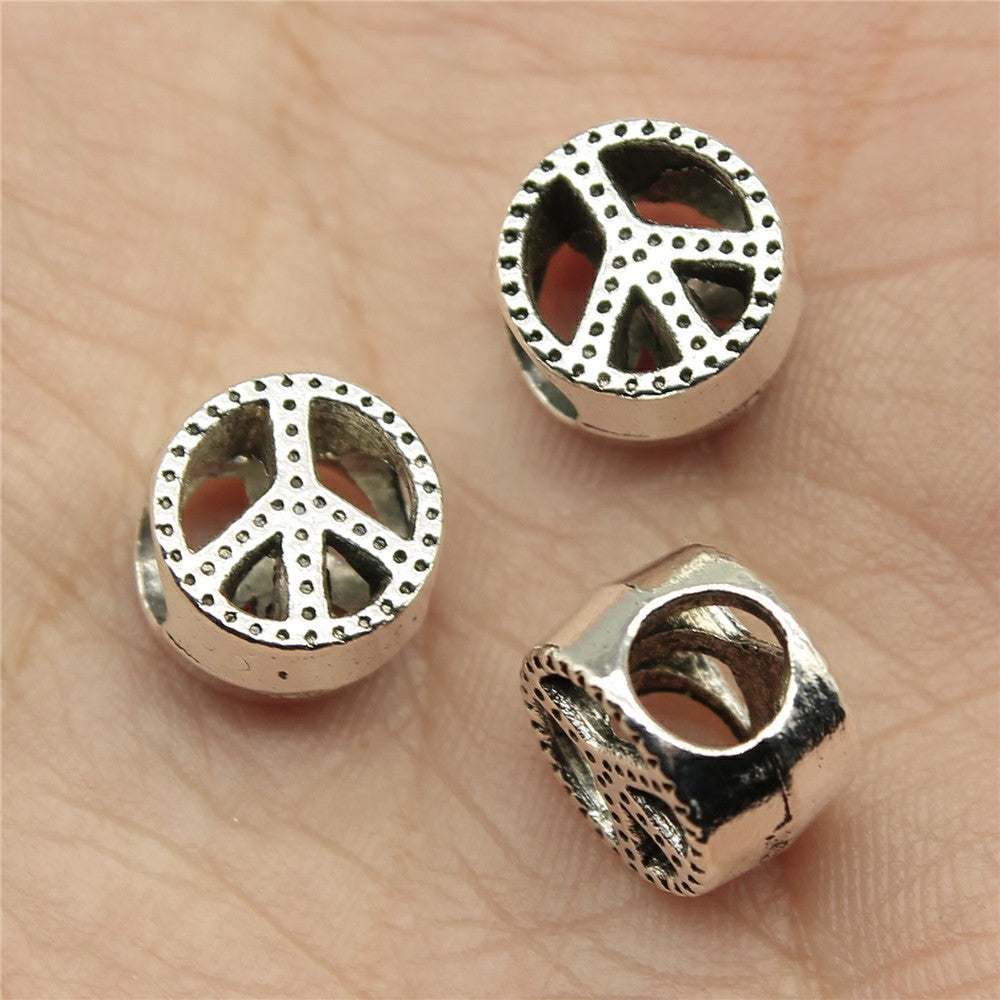 10x10x7mm 1.6g Antique Silver Zinc Alloy Peace Sign Large Hole Beads for Bracelet Jewelry Making
