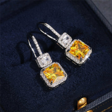 Yellow Square Stone Halo Drop Earrings in Silver Tone