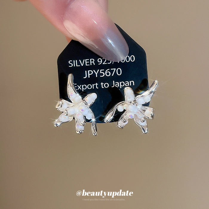 White Crystal Flower Branch Stud Earrings Decorative Jewelry Pair