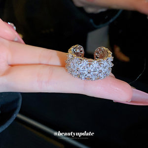 Silver Tone Wide Open Ring With Dense Crystal Flower Pattern