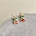 Gold Cherry Drop Stud Earrings Orange Crystal Green Leaf view 1