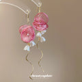Pink Fabric Flower Hook Earrings with Wavy Gold Tone Drops view 2