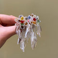 Colorful Flower Cluster And White Tassel Stud Earrings view 6