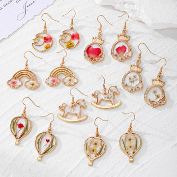 Gold Resin Dried Flower Crown Balloon Earrings 7 Styles
