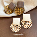 Wooden Square and Beaded Fan Stud Earrings Jewelry view 3