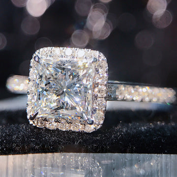 Silver Princess-Cut Clear CZ Halo Ring Pavé Shank Band