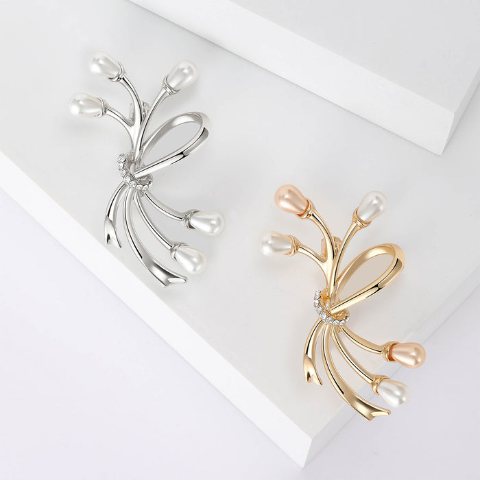 Teardrop Pearl Bow Brooch Rhinestone Center Silver Gold Tone