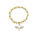 White And Gold Tone Cross Bead Bracelet With Winged Cross Charm view 5