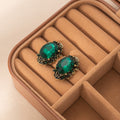 Green Faceted Oval Stone Antique Gold Tone Stud Earrings view 2