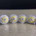 Yellow Center Double Halo Stud Earrings in Polished Metal view 2