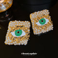 Gold Tone Pearl Framed Green Eye Stud Earrings Fashion Jewelry view 2
