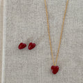 Deep Red Glossy Heart Studs Gold Chain Necklace Set view 4