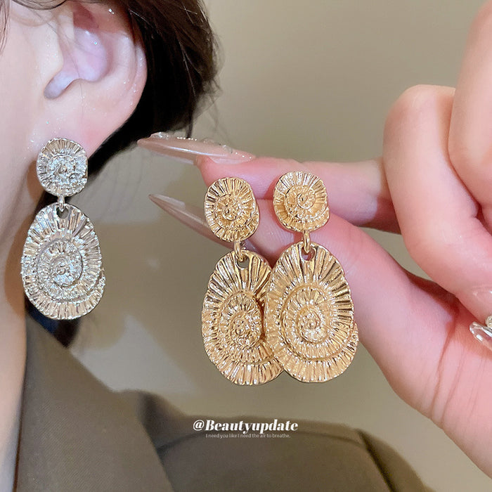 Textured Gold Tone Metal Spiral Oval Drop Stud Earrings